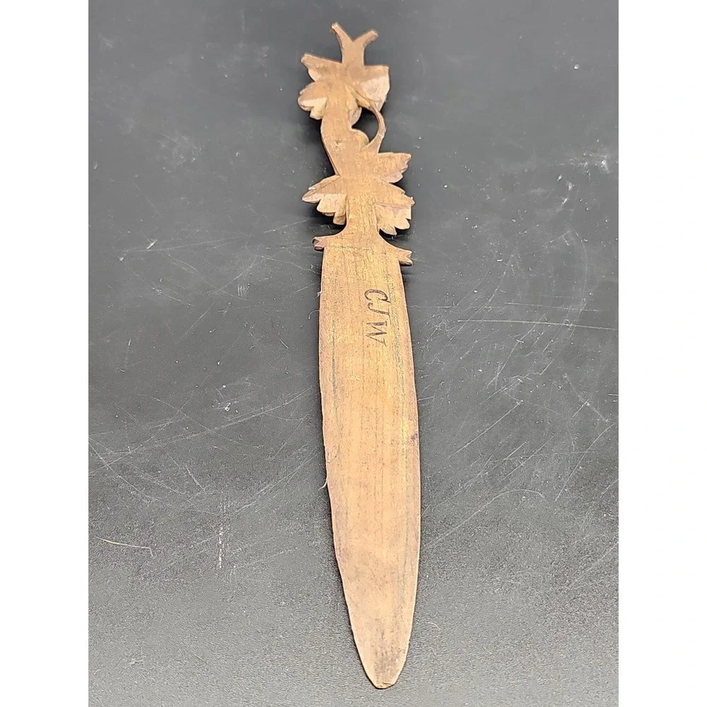 Signed Letter Opener Vintage Black Forest Switzerland Leaf Floral Wood Carved